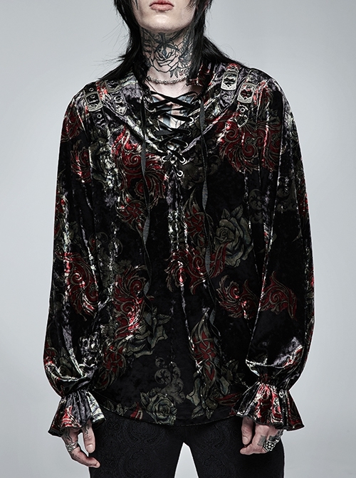 Gothic Comfortable Velvet Fabric Unique Print Tie Rope Design Loose Male Long Sleeve Shirt