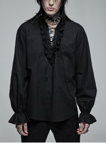 Pure Cotton No Elasticity Neckline Pleats Lace Ruffle Embroidery Tie Rope Design Gothic Black Male Shirt