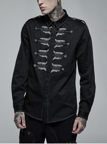 Punk Personality Skeleton Skeleton Shape Pattern Embroidery Cotton No Elasticity Twill Black Long Sleeve Male Shirt
