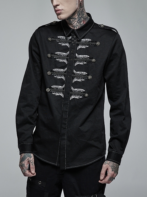 Punk Personality Skeleton Skeleton Shape Pattern Embroidery Cotton No Elasticity Twill Black Long Sleeve Male Shirt