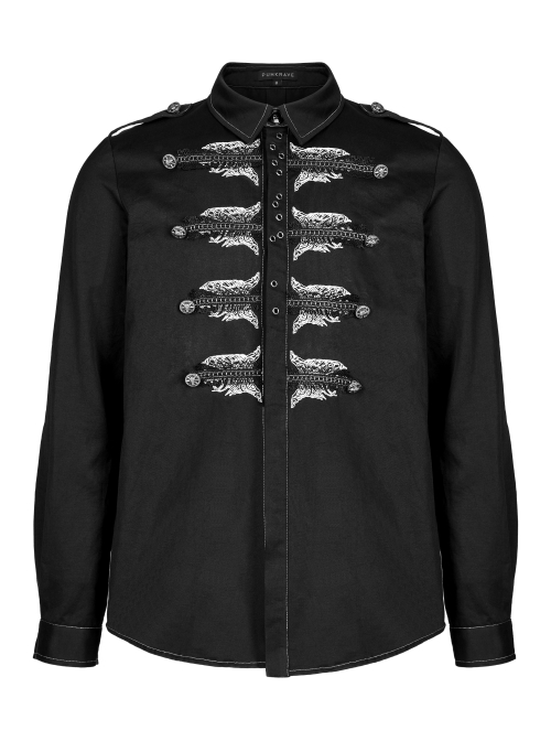 Punk Personality Skeleton Skeleton Shape Pattern Embroidery Cotton No Elasticity Twill Black Long Sleeve Male Shirt