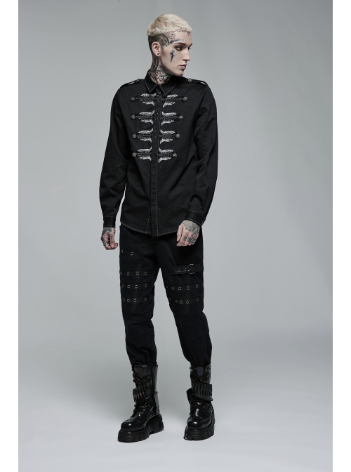 Punk Personality Skeleton Skeleton Shape Pattern Embroidery Cotton No Elasticity Twill Black Long Sleeve Male Shirt