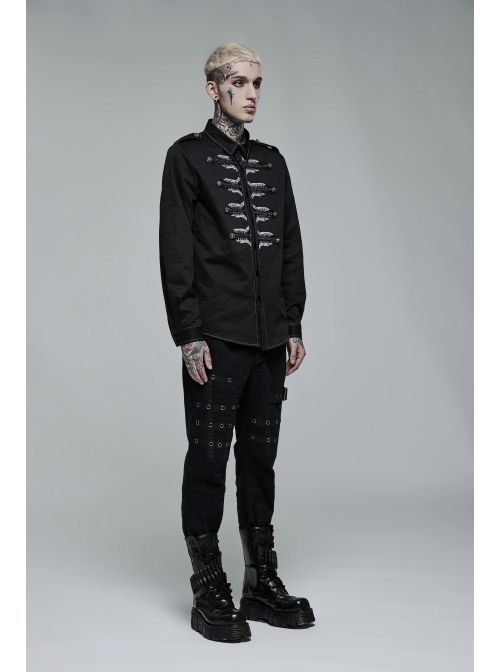 Punk Personality Skeleton Skeleton Shape Pattern Embroidery Cotton No Elasticity Twill Black Long Sleeve Male Shirt