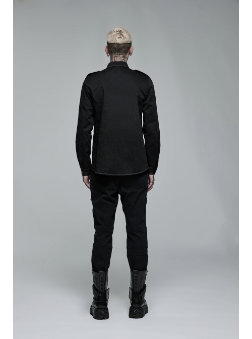 Punk Personality Skeleton Skeleton Shape Pattern Embroidery Cotton No Elasticity Twill Black Long Sleeve Male Shirt