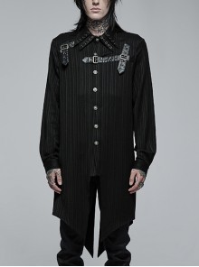 Gothic Dark Strip Groove Woven Fabric Personality Asymmetric Hem Medium Length Male Black Shirt