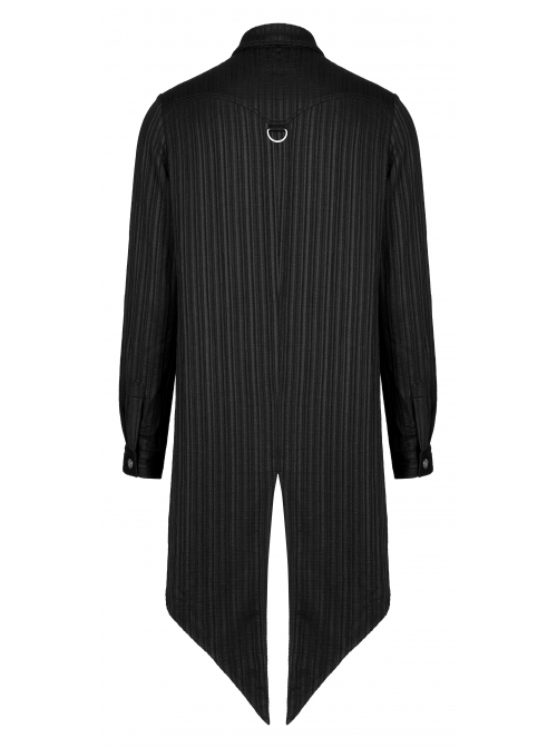 Gothic Dark Strip Groove Woven Fabric Personality Asymmetric Hem Medium Length Male Black Shirt