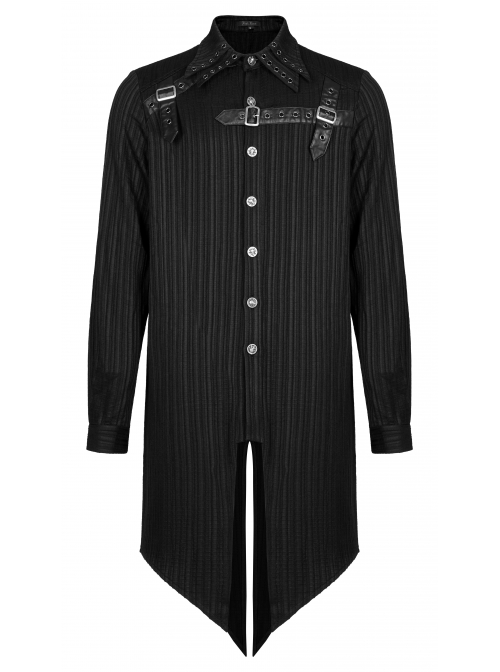 Gothic Dark Strip Groove Woven Fabric Personality Asymmetric Hem Medium Length Male Black Shirt