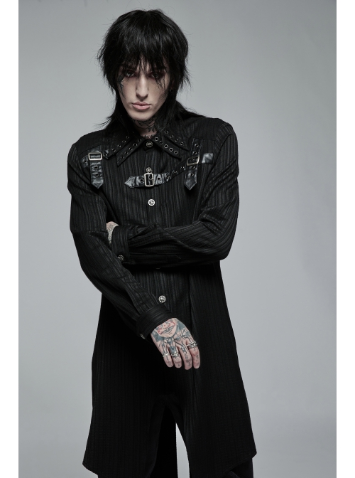 Gothic Dark Strip Groove Woven Fabric Personality Asymmetric Hem Medium Length Male Black Shirt