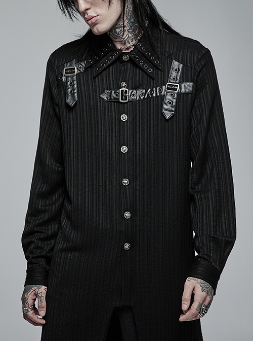 Gothic Dark Strip Groove Woven Fabric Personality Asymmetric Hem Medium Length Male Black Shirt
