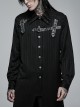 Gothic Dark Strip Groove Woven Fabric Personality Asymmetric Hem Medium Length Male Black Shirt