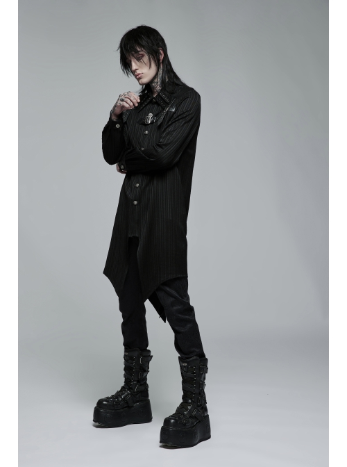 Gothic Dark Strip Groove Woven Fabric Personality Asymmetric Hem Medium Length Male Black Shirt