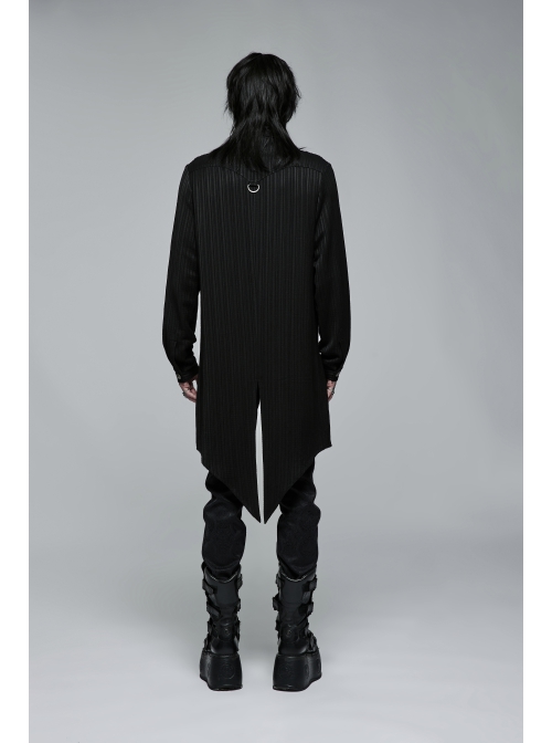 Gothic Dark Strip Groove Woven Fabric Personality Asymmetric Hem Medium Length Male Black Shirt