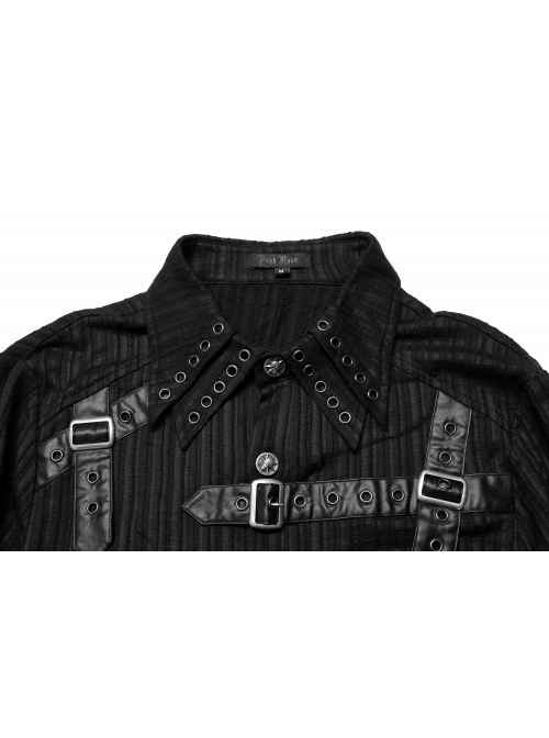 Gothic Dark Strip Groove Woven Fabric Personality Asymmetric Hem Medium Length Male Black Shirt
