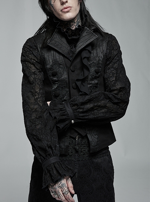 Gothic Noble Jacquard Embroidery Pleated Ruffle Delicate Buttons Decoration Black Vest