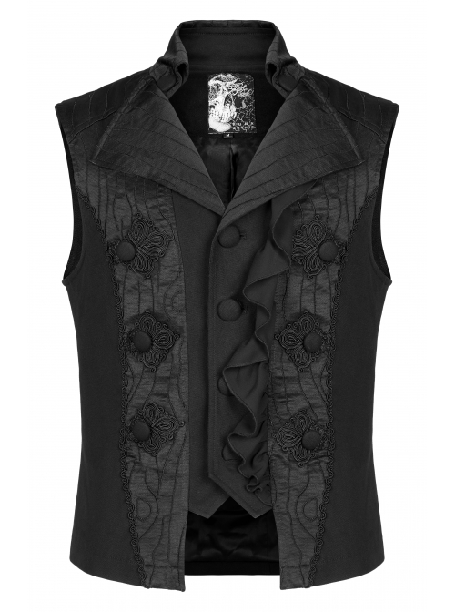 Gothic Noble Jacquard Embroidery Pleated Ruffle Delicate Buttons Decoration Black Vest