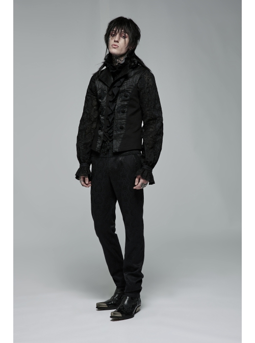 Gothic Noble Jacquard Embroidery Pleated Ruffle Delicate Buttons Decoration Black Vest