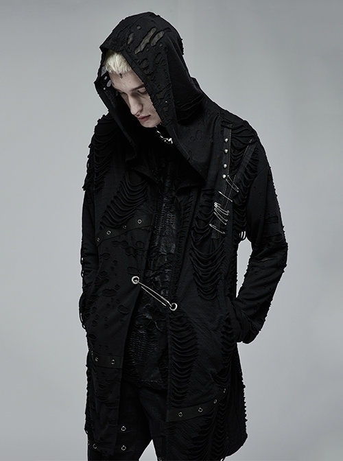 Decadent Knitted Holes Mesh Design Metal Zipper Buttonhole Decoration Metal Large Pins Male Gothic Coat
