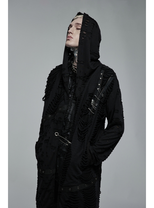 Decadent Knitted Holes Mesh Design Metal Zipper Buttonhole Decoration Metal Large Pins Male Gothic Coat
