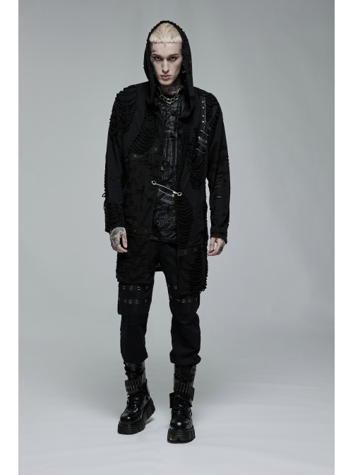 Decadent Knitted Holes Mesh Design Metal Zipper Buttonhole Decoration Metal Large Pins Male Gothic Coat
