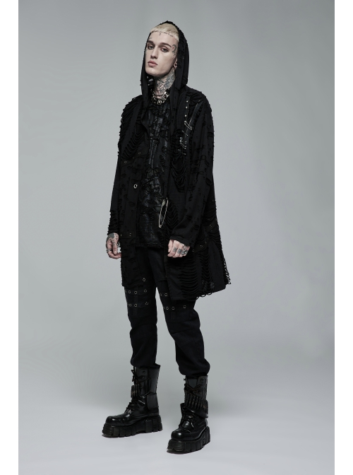Decadent Knitted Holes Mesh Design Metal Zipper Buttonhole Decoration Metal Large Pins Male Gothic Coat