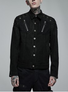 Punk Washed Aged Texture Rough Grain Splicing Mesh Metal Buttonholes Zipper Trim Long Sleeve Male Coat