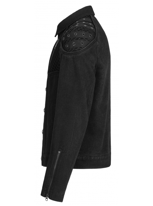 Punk Washed Aged Texture Rough Grain Splicing Mesh Metal Buttonholes Zipper Trim Long Sleeve Male Coat