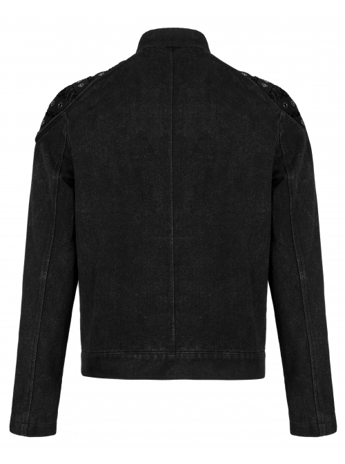 Punk Washed Aged Texture Rough Grain Splicing Mesh Metal Buttonholes Zipper Trim Long Sleeve Male Coat