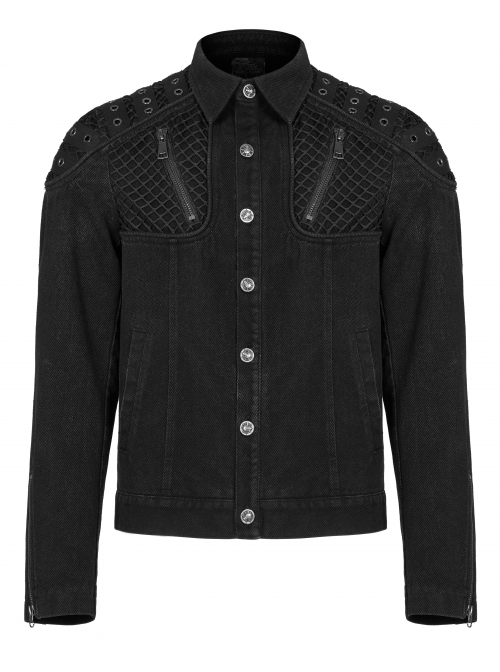 Punk Washed Aged Texture Rough Grain Splicing Mesh Metal Buttonholes Zipper Trim Long Sleeve Male Coat