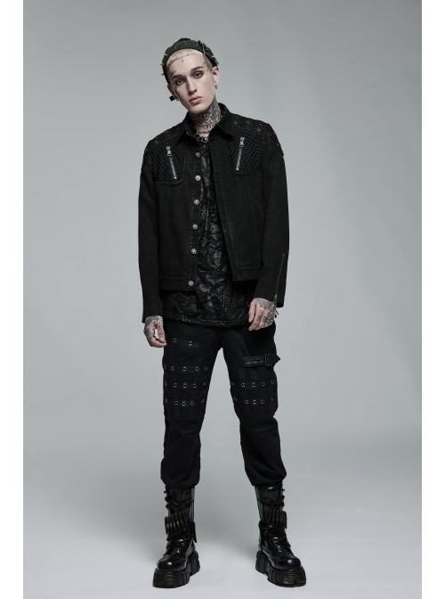 Punk Washed Aged Texture Rough Grain Splicing Mesh Metal Buttonholes Zipper Trim Long Sleeve Male Coat