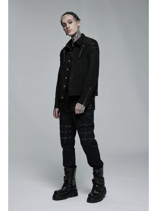 Punk Washed Aged Texture Rough Grain Splicing Mesh Metal Buttonholes Zipper Trim Long Sleeve Male Coat