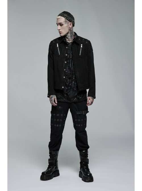 Punk Washed Aged Texture Rough Grain Splicing Mesh Metal Buttonholes Zipper Trim Long Sleeve Male Coat