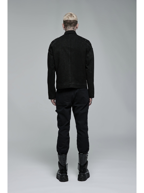 Punk Washed Aged Texture Rough Grain Splicing Mesh Metal Buttonholes Zipper Trim Long Sleeve Male Coat
