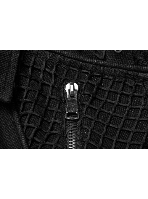 Punk Washed Aged Texture Rough Grain Splicing Mesh Metal Buttonholes Zipper Trim Long Sleeve Male Coat