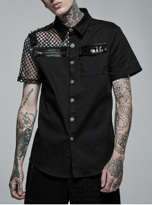 Simple Modeling Elastic Cotton-Twill Fabric Spliced Diamond Mesh Asymmetrical Personality Punk Short Sleeve Male Shirt