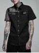 Simple Modeling Elastic Cotton-Twill Fabric Spliced Diamond Mesh Asymmetrical Personality Punk Short Sleeve Male Shirt