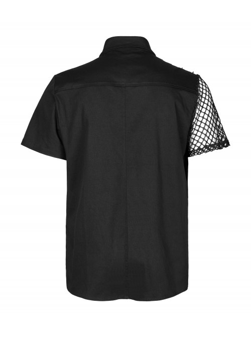 Simple Modeling Elastic Cotton-Twill Fabric Spliced Diamond Mesh Asymmetrical Personality Punk Short Sleeve Male Shirt