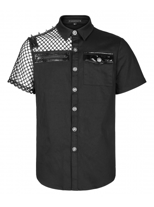 Simple Modeling Elastic Cotton-Twill Fabric Spliced Diamond Mesh Asymmetrical Personality Punk Short Sleeve Male Shirt