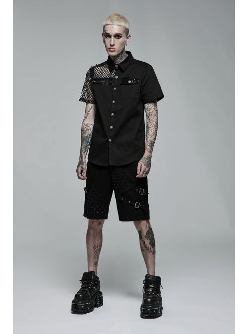Simple Modeling Elastic Cotton-Twill Fabric Spliced Diamond Mesh Asymmetrical Personality Punk Short Sleeve Male Shirt