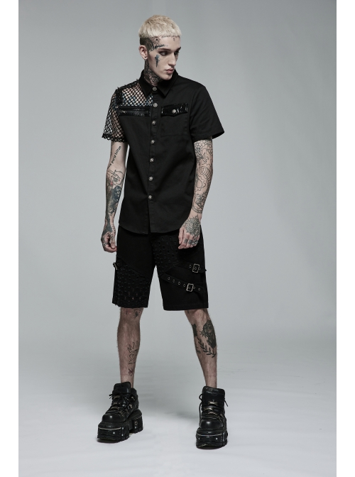 Simple Modeling Elastic Cotton-Twill Fabric Spliced Diamond Mesh Asymmetrical Personality Punk Short Sleeve Male Shirt