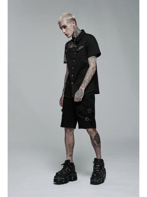 Simple Modeling Elastic Cotton-Twill Fabric Spliced Diamond Mesh Asymmetrical Personality Punk Short Sleeve Male Shirt