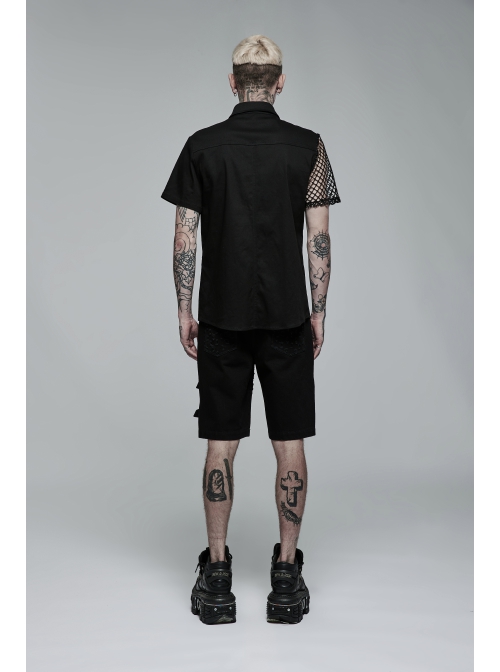Simple Modeling Elastic Cotton-Twill Fabric Spliced Diamond Mesh Asymmetrical Personality Punk Short Sleeve Male Shirt