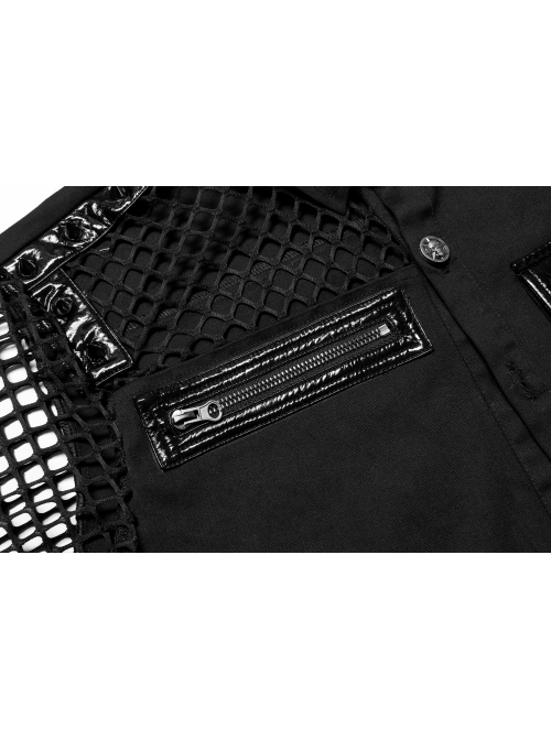 Simple Modeling Elastic Cotton-Twill Fabric Spliced Diamond Mesh Asymmetrical Personality Punk Short Sleeve Male Shirt