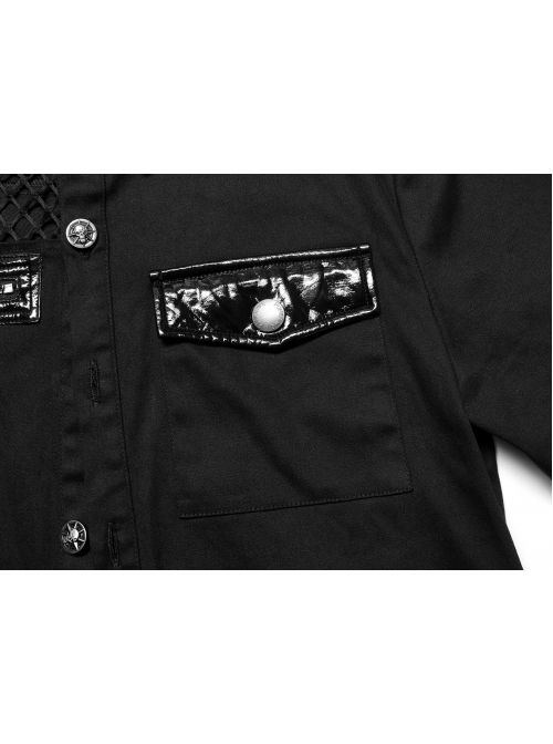Simple Modeling Elastic Cotton-Twill Fabric Spliced Diamond Mesh Asymmetrical Personality Punk Short Sleeve Male Shirt
