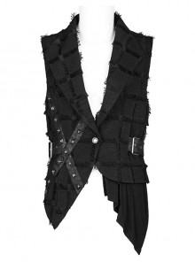 Personality Asymmetrical Decadence Hairy Flu Back Cutout Design Leather Strip Metal Rivets Gothic Male Vest