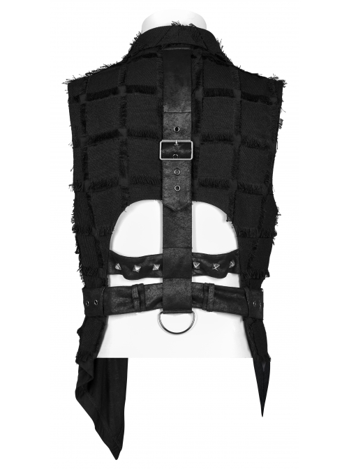 Personality Asymmetrical Decadence Hairy Flu Back Cutout Design Leather Strip Metal Rivets Gothic Male Vest