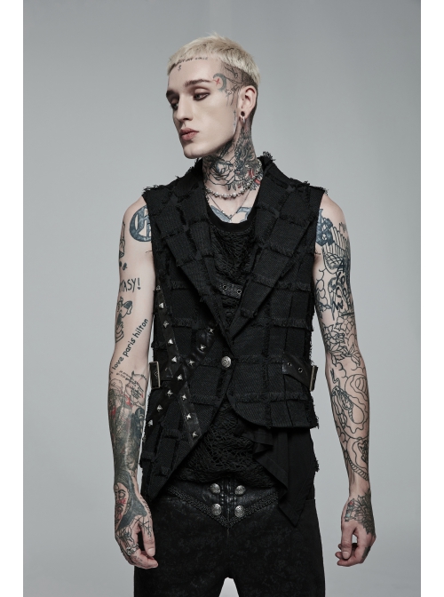 Personality Asymmetrical Decadence Hairy Flu Back Cutout Design Leather Strip Metal Rivets Gothic Male Vest