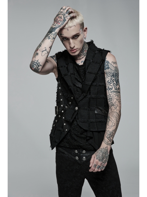 Personality Asymmetrical Decadence Hairy Flu Back Cutout Design Leather Strip Metal Rivets Gothic Male Vest