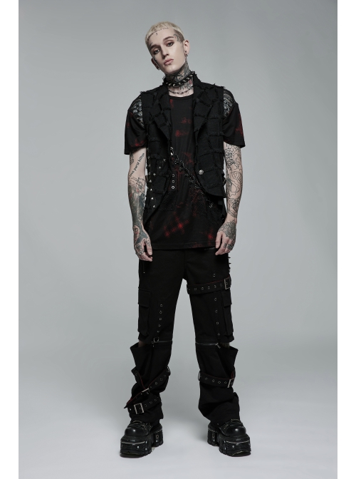 Personality Asymmetrical Decadence Hairy Flu Back Cutout Design Leather Strip Metal Rivets Gothic Male Vest