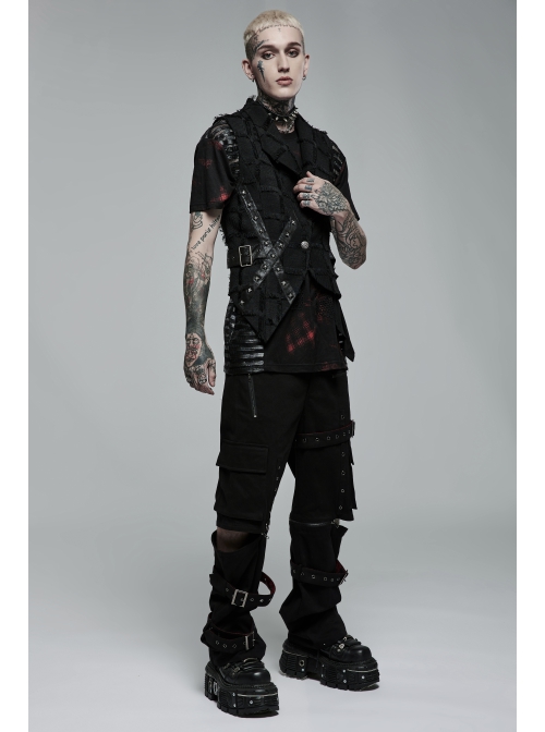 Personality Asymmetrical Decadence Hairy Flu Back Cutout Design Leather Strip Metal Rivets Gothic Male Vest