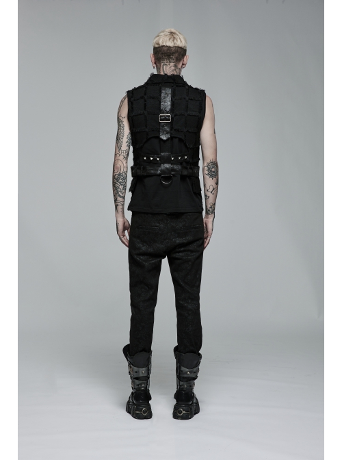 Personality Asymmetrical Decadence Hairy Flu Back Cutout Design Leather Strip Metal Rivets Gothic Male Vest